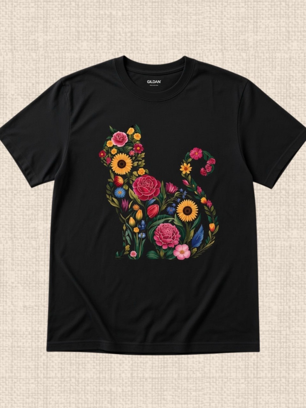 Gildan Black Wildflower Cat Floral Graphic T-Shirt